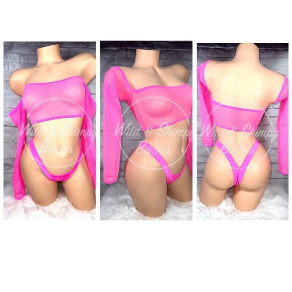 See-thru mesh top with matching thong in solid fabric two piece set - Picture 4 of 4